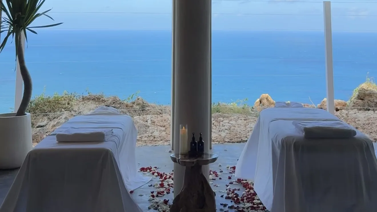 Ocean-view massage beds prepared with flower petals at VANARA Resort & Spa in Uluwatu