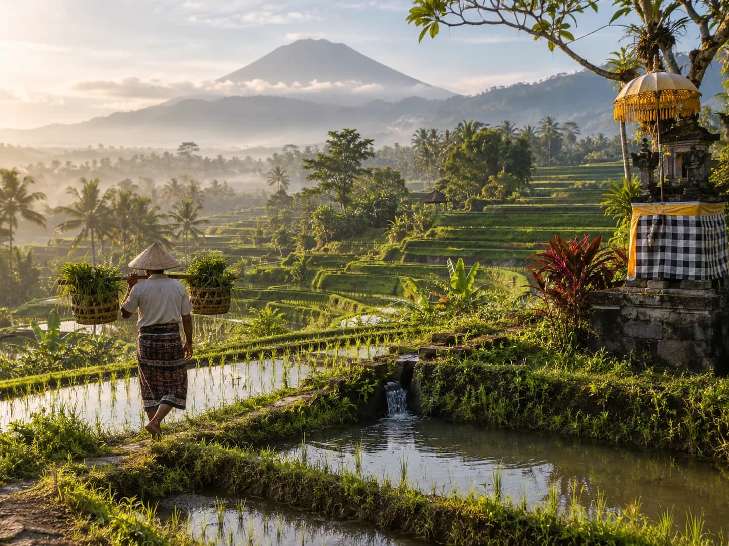 Bali rice terraces with traditional irrigation channels at sunrise