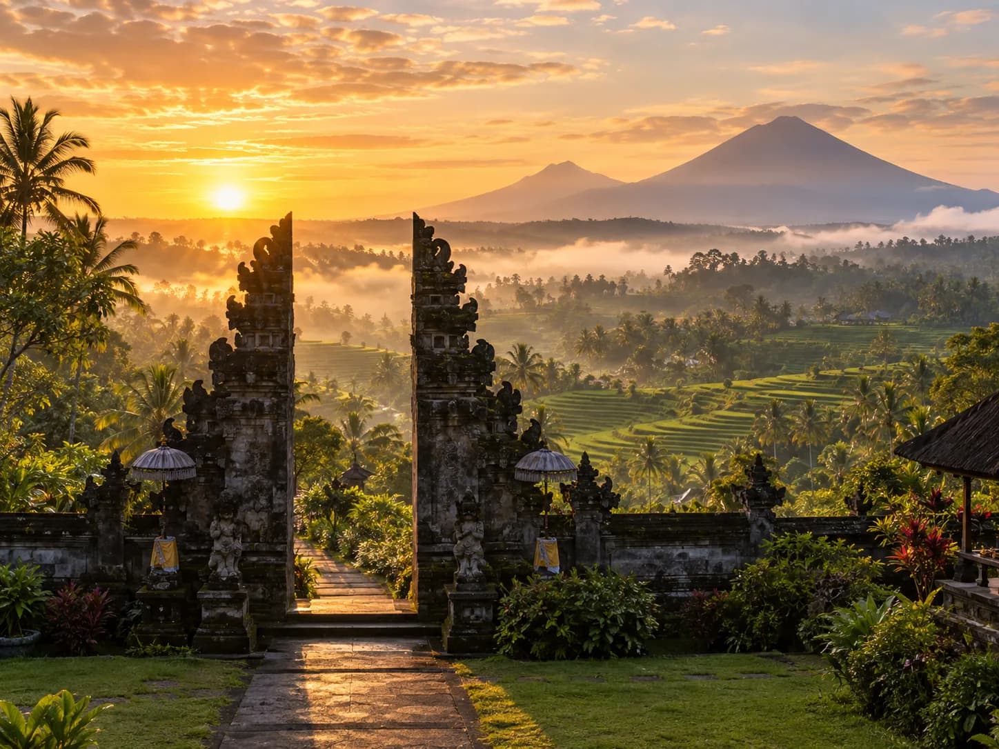 Balinese temple gate overlooking rice terraces and mountains at sunrise